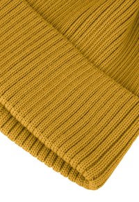 Knit beanie in mustard yellow, featuring a ribbed texture and folded cuff at the base, showcasing a soft, warm material.