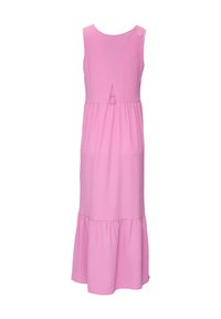 Rosa ärmelloses Kleid mit gestuftem Saum, strukturiertem Stoff, Rundhalsausschnitt und einem Ausschnitt auf der Rückseite.