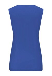 Blauwe mouwloze top met een gladde textuur, ronde halslijn en een aangesloten silhouet. Geen zichtbare patronen of hardwaredetails.