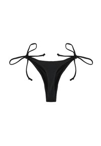 Schwarzer Bikini-Hosen mit seitlichen Bindebändern auf einem weißen Hintergrund, entworfen für eine verstellbare Passform.