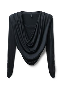 Maglietta nera a maniche lunghe con scollo drappeggiato, realizzata in tessuto morbido e leggero; presenta dettagli in pizzo sul retro.