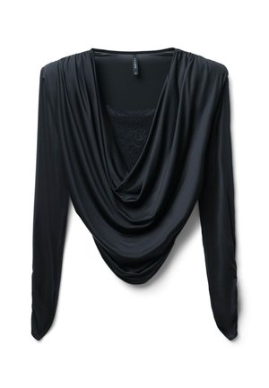 Maglietta nera a maniche lunghe con scollo drappeggiato, realizzata in tessuto morbido e leggero; presenta dettagli in pizzo sul retro.