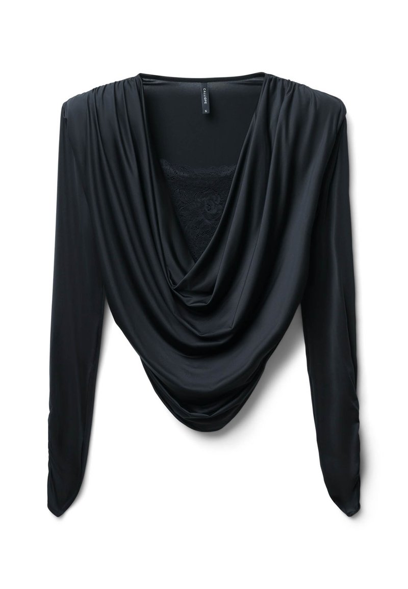 Maglietta nera a maniche lunghe con scollo drappeggiato, realizzata in tessuto morbido e leggero; presenta dettagli in pizzo sul retro.