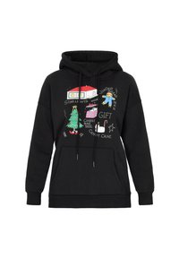 Sudadera con capucha negra que cuenta con un bolsillo frontal tipo canguro, capucha con cordón ajustable y gráficos coloridos con temática navideña, incluyendo un árbol, un hombre de jengibre y regalos.