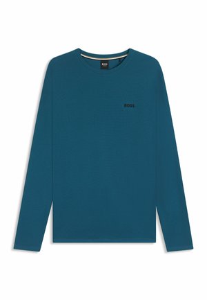 Langarmshirt mit Rundhalsausschnitt in Tealfarbe, aus strukturiertem Stoff mit dezentem Muster. Verfügt über ein kleines schwarzes "BOSS"-Logo auf der linken Brust.