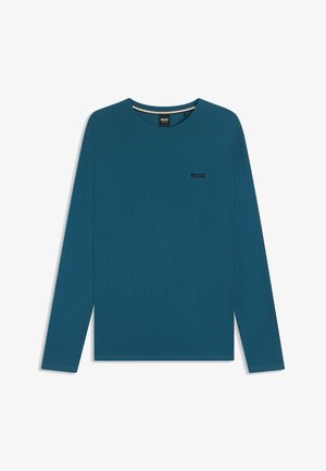 Langarm t-shirt met ronde hals in teal, van textuurstof met een subtiel patroon. Bevat een klein zwart "BOSS" logo op de linkerborst.