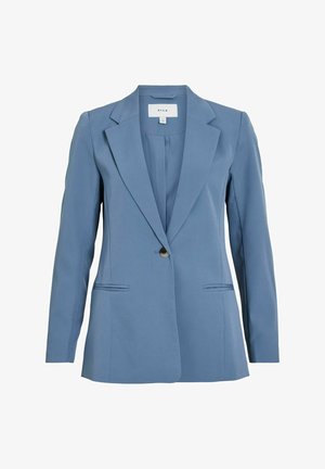 Blazer azzurro chiaro con rever a punta, chiusura a un bottone, due tasche frontali e una texture liscia. Etichetta del marchio visibile all'interno.