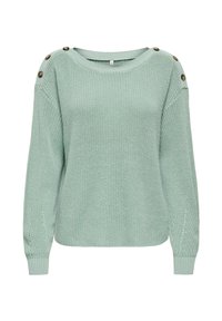 Pull en tricot vert clair à manches longues avec trois boutons décoratifs marron sur chaque épaule.