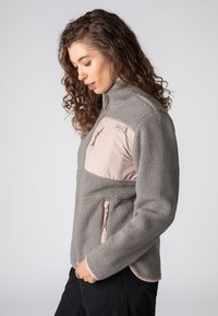 Fleecejacke in Grau mit einem pinken Vorderpanel. Verfügt über einen hohen Kragen, eine Reißverschlusstasche auf der Brust und Seitentaschen. Weicher Stoff, lässiges Design.