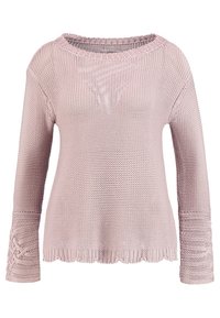 Ljusrosa stickad tröja med båtneck, långa ärmar med texturerade accenter och en vågig nederkant. Tillverkad av mjukt, ventilerande material.