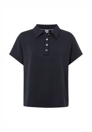 Navy short-sleeve polo shirt in soft fabric featuring a fold-down collar and four metallic buttons on the placket. Simple and modern design.