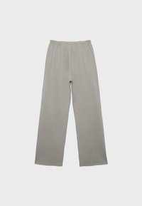 Hellgraue, locker sitzende Hose mit elastischem Bund, flach auf einem neutralen Hintergrund liegend dargestellt.