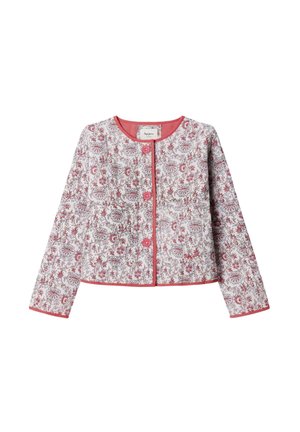 Witte cropped jas met lange mouwen, rood bloemenpatroon, ronde halslijn, rode bies en drie rode knopen aan de voorkant.