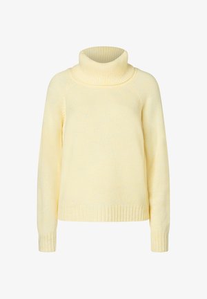 Gelber Rollkragenpullover aus weichem Strickmaterial. Verfügt über gerippte Bündchen und Saum, mit lässiger Passform und strukturiertem Oberflächenmaterial.