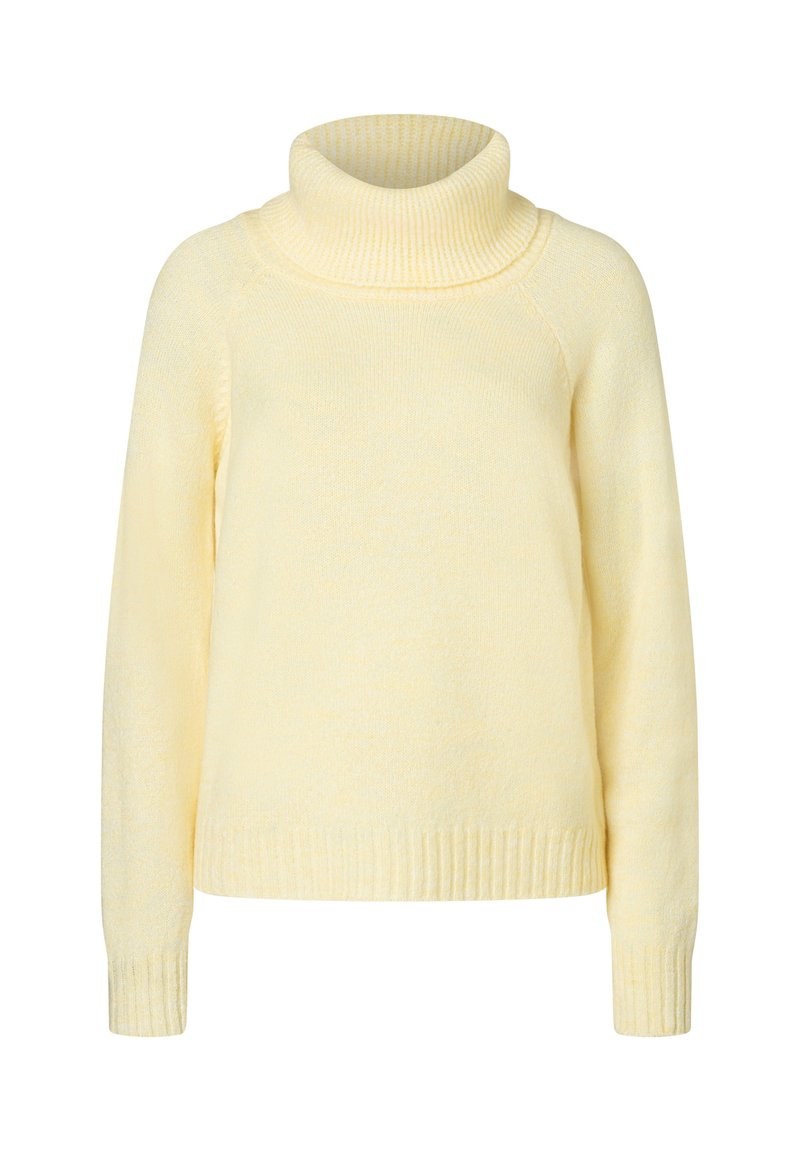 Gelber Rollkragenpullover aus weichem Strickmaterial. Verfügt über gerippte Bündchen und Saum, mit lässiger Passform und strukturiertem Oberflächenmaterial.