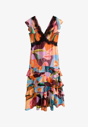 Bezroku ziedu kleita ar volāniem, dzīvīga oranža, rozā, zila un zaļa raksta, melna mežģīņu apmale gar dziļu V-veida izgriezumu un vidukli.