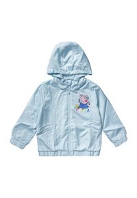 Light blue children's jacket made of synthetic material, featuring a hood, zip closure, and a colorful graphic of a cartoon character on the front.