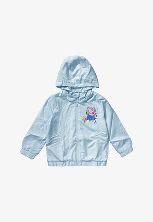 Light blue children's jacket made of synthetic material, featuring a hood, zip closure, and a colorful graphic of a cartoon character on the front.