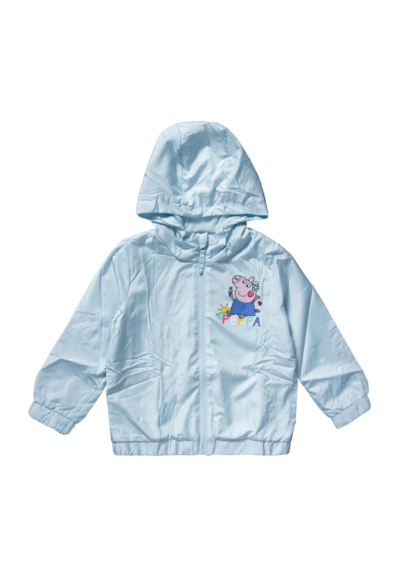 Light blue children's jacket made of synthetic material, featuring a hood, zip closure, and a colorful graphic of a cartoon character on the front.