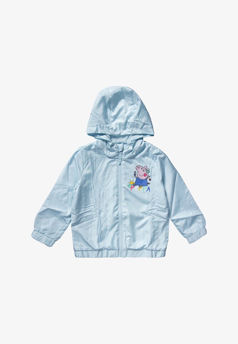 Helleblaue Kinderjacke aus Synthetikmaterial, mit Kapuze, Reißverschluss und einem bunten Grafikdruck eines Zeichentrickcharakters auf der Vorderseite.