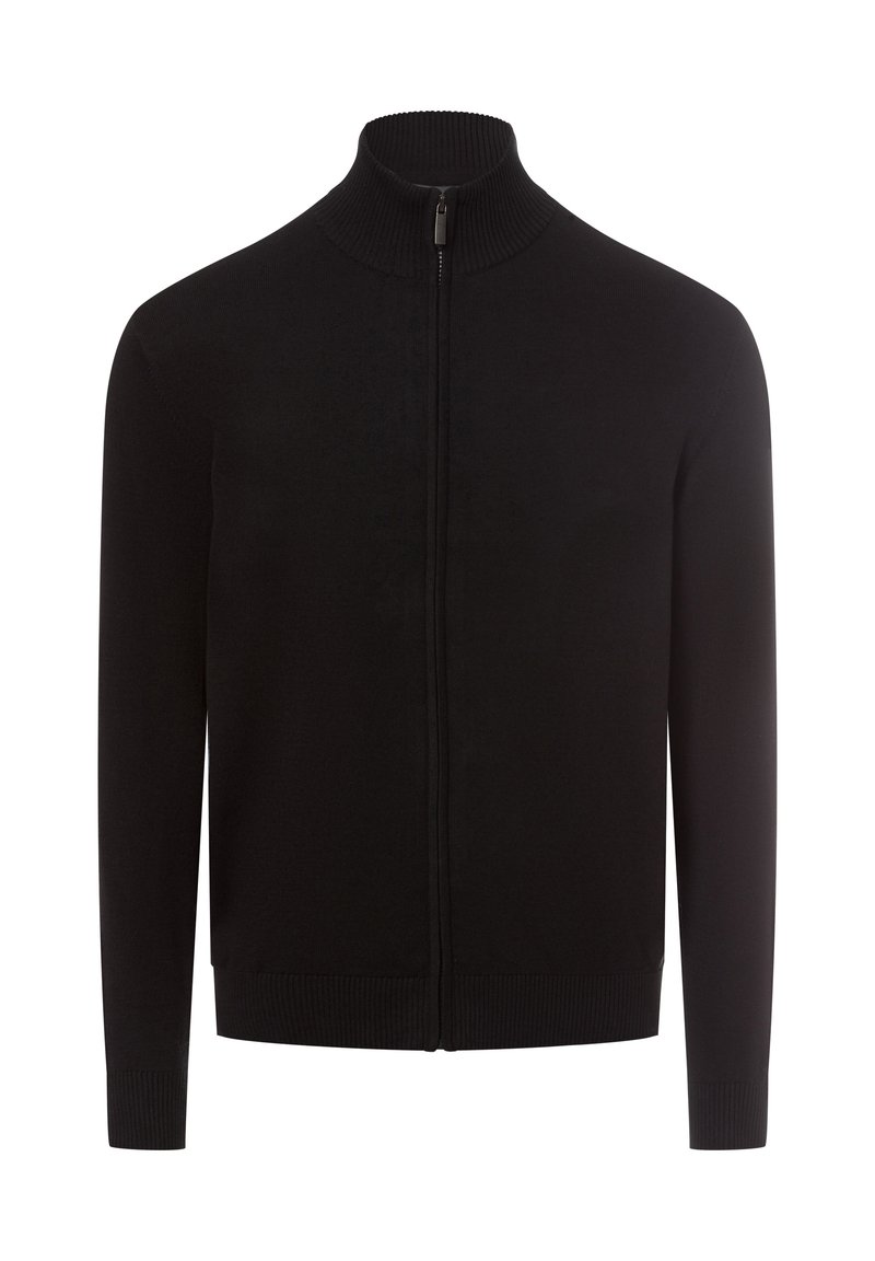 Schwarze Zip-Kardigan mit hohem Kragen, aus glattem Strickstoff. Verfügt über lange Ärmel sowie gerippte Bündchen und Saum.