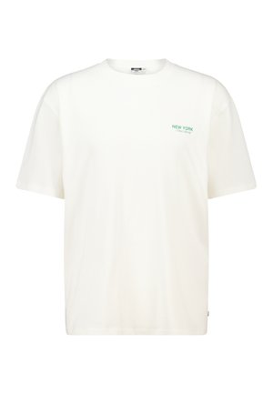 Valkoinen puuvillainen t-paita pyöreällä kauluksella, lyhyillä hihoilla, jossa on vasemmalla puolella vihreällä tekstillä "NEW YORK", klassinen laatikkomainen malli.