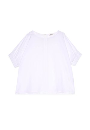 Chemisier blanc à manches courtes avec poignets froncés, col rond et fermeture par un bouton unique à l'arrière du cou.