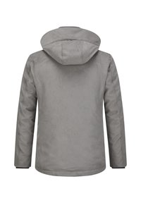Gray hooded jacket with a smooth, matte texture, featuring long sleeves and a straight hem. No visible logos or accents on the back.