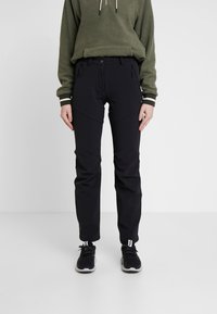 Svart utomhusbyxor med slim fit, med blixtlåsade sidofickor, justerbar midja och stretchigt tyg för komfort och rörlighet.