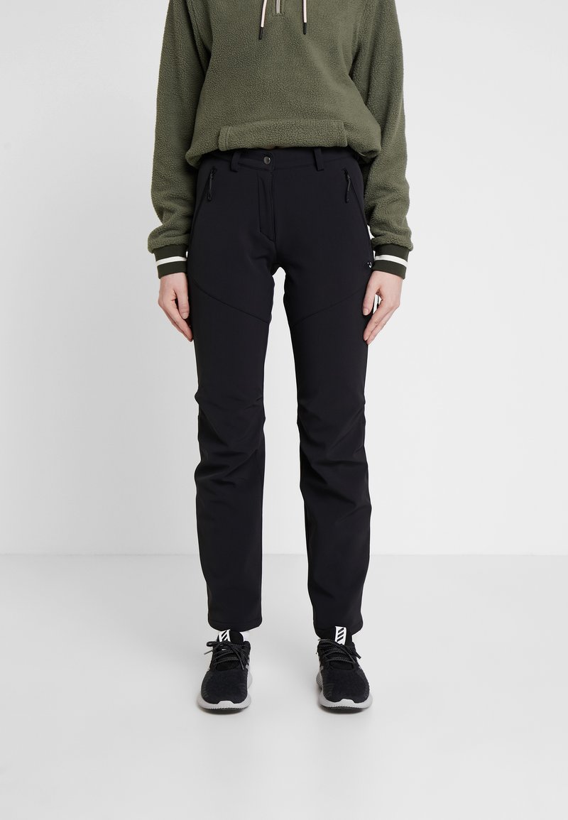 Svart utomhusbyxor med slim fit, med blixtlåsade sidofickor, justerbar midja och stretchigt tyg för komfort och rörlighet.