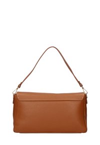 Borsa a tracolla in pelle marrone con una texture liscia e una forma rettangolare. Presenta una sola tracolla e un design minimalista.