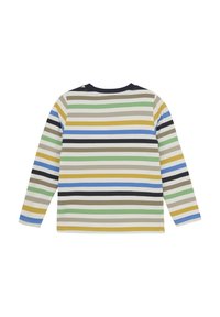 Koszula z długim rękawem w poziome paski w kolorach zielonym, niebieskim, żółtym i brązowym, okrągły dekolt oraz miękka faktura materiału.