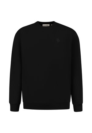 Black sweatshirt made of soft fabric, featuring a classic crew neckline, long sleeves, ribbed cuffs and hem, with a subtle logo detail.