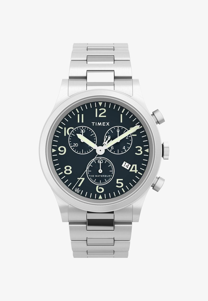Orologio in acciaio inossidabile con quadrante nero, grandi numeri arabi, sottoquadranti cronografo, lancette argentate e display della data alle 6.