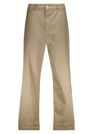 Pantalons évasés beige en coton lisse, avec un design classique à cinq poches, fermeture par bouton et couture visible le long des coutures.