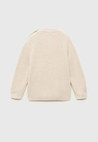 Beige gestrickter Pullover mit langen Ärmeln, gerippten Bündchen und Saum, der ein strukturiertes Muster und einen runden Halsausschnitt aufweist. Rückansicht dargestellt.