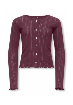 Cardigan en maille violet foncé à manches longues, motifs verticaux, encolure ronde, boutons blancs et ourlets volantés aux manches et au bas.
