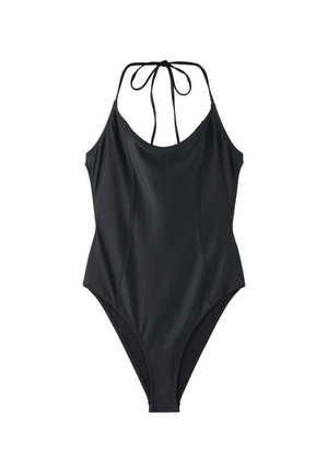 Costume intero nero con laccetti al collo e design semplice e liscio.