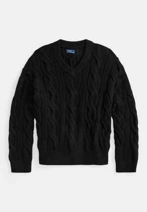 CABLE-KNIT WOOL-CASHMERE V-NECK SWEATER - Pullover - polo black