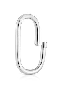 Gancio in metallo argentato a forma di U, con un bordo arrotondato e una piccola chiusura per un attacco sicuro. Finitura liscia e lucida senza motivi visibili.