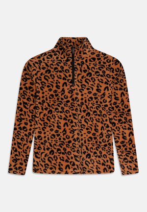 Leopardprint fleecepullover med lange ærmer og en sort quarter-zip krave, i nuancer af brun og sort.