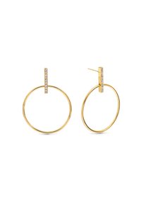 Pendientes de aro de oro con una barra vertical que presenta cuatro piedras rectangulares transparentes. Forma circular con textura pulida, cierre de respaldo.