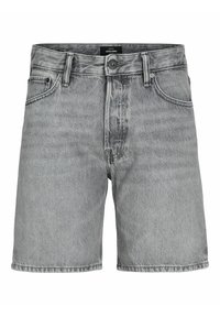 Bermudas de denim gris para hombre con cierre frontal de botón y cremallera, trabillas para cinturón y bolsillos laterales, etiquetadas "Jack & Jones".