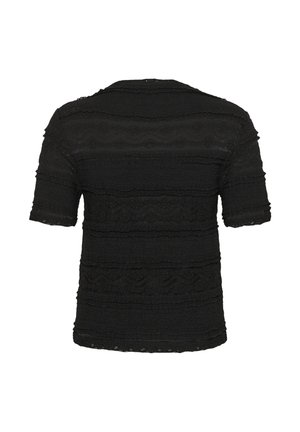 Juoda trumpomis rankovėmis palaidinė su tekstūruota medžiaga, turinti horizontalius dryžius bei šiek tiek nusitrynusias apačią ir rankoves.