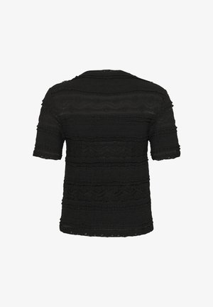 Fekete rövid ujjú felső texturált anyagból, vízszintes csíkos mintával és enyhén bolyhos szegéllyel az alján és az ujjain.