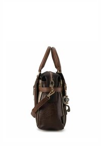 Braune Lederhandtasche mit strukturierter Oberfläche, ausgestattet mit zwei oberen Griffen, einem abnehmbaren Schulterriemen und dekorativen Metallakzenten.