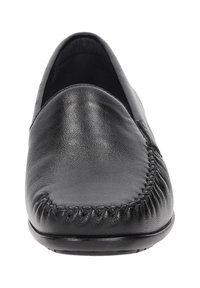 Schwarzer Leder-Schlüpfschuh mit runder Zehenform, strukturiertem Nähen an der Vorderseite und glatter Oberfläche, geeignet für formelle Anlässe.