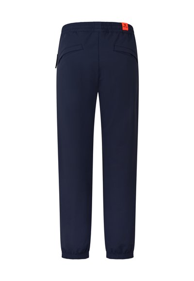 Navy Sporthosen mit einem elastischen Bund, zwei Gesäßtaschen und elastischen Bündchen an den Knöcheln. Mit einem orangen Markenschild am Bund.