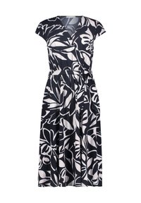 Wickelkleid in Marineblau mit weißen Blattmustern. Es hat kurze Cap-Ärmel, einen gebundenen Gürtel und einen fließenden Rock mit Falten für mehr Bewegungsfreiheit.