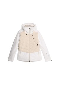 Biała i beżowa pikowana zimowa kurtka z kapturem, zamek błyskawiczny z przodu, kieszenie na zamek i czarne logo na klatce piersiowej.